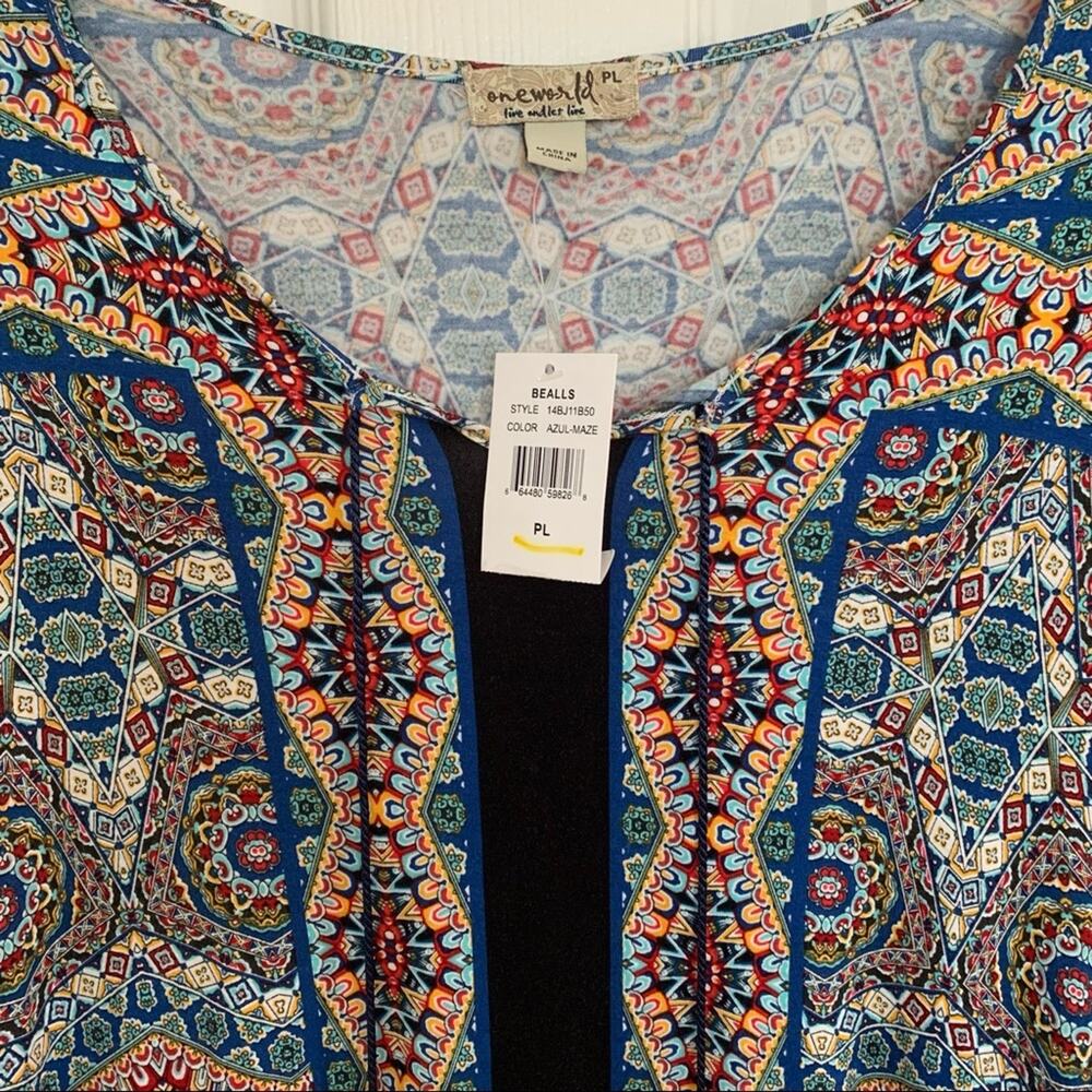 One World Multicolor Boho Print Peasant Top Petite Large NWT - Picture 2 of 6
